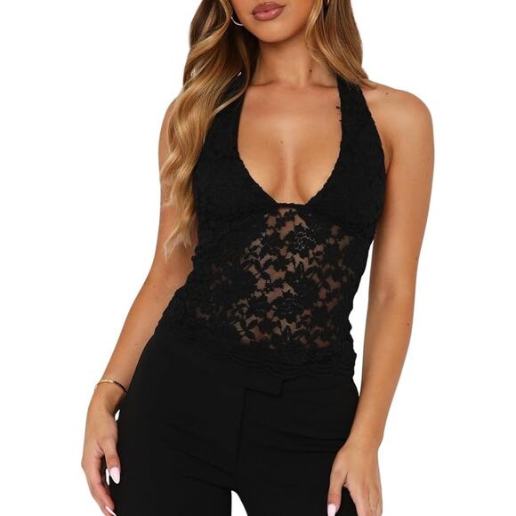 Y2K Black Lace Whimsigoth Dark Fairy Babydoll Baddie Sexy Club Halter Tank Top M - Picture 1 of 4